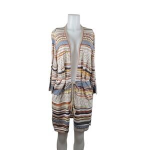 Chico's Brown Yellow Blue Rope Tassel Tie Sweater Cardigan 2-M-12